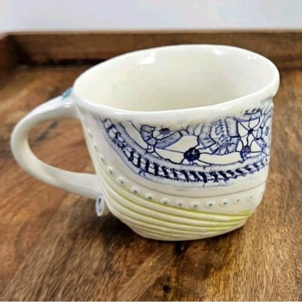 Studio Art Pottery Slab Built Coffee Tea Mug Abstract Floral Blue Green White Lg